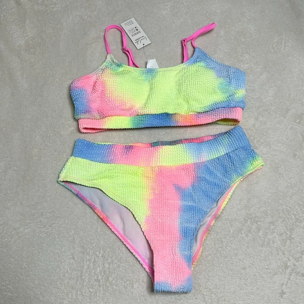 New! Tie-Dye Wash Textured‎ Scoop Neck Top & High Waist Bikini pink Sz Medium